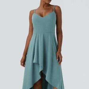 Stone Blue High Low Maxi Dress V-Neck Smocked Back Adjustable Straps Size L